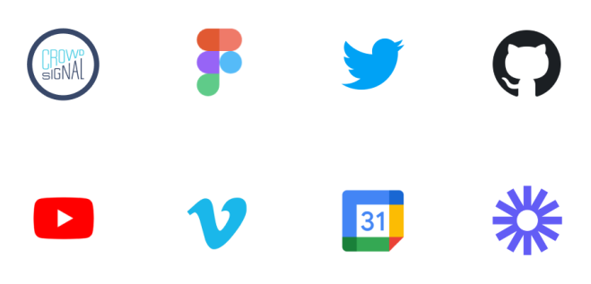 Logotipos de Crowdsignal, Figma, Twitter, GitHub, YouTube, Vimeo, Google Calendar y Loom