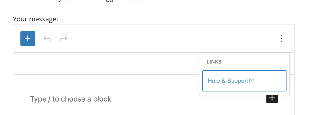 Screenshot of the "Help & Support" link inside the block editor