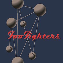 A blue background with grey shape. The words "Foo Fighters" appear in red.