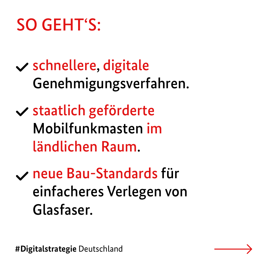 So geht's:
schnellere, digitale Genehmigungsverfahren
staatlich geförderte Mobilfunkmasten im ländlichen Raum.
neue Bau-Standards für einfacheres Verlegen von Glasfaser.