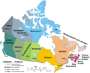 Labelled map of Canada detailing its provinces and territories