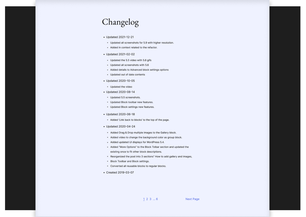 Example of changelog