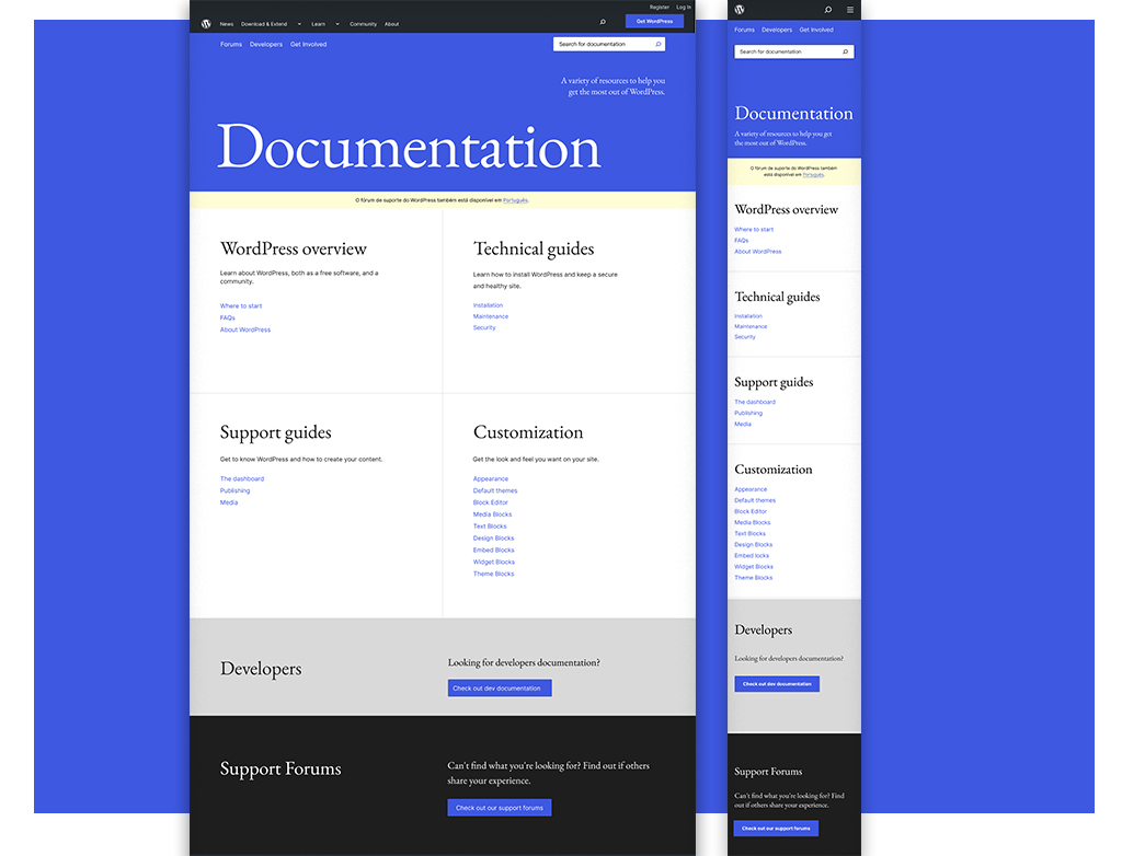 Showing the look of the new end-user documentation landing page showing the 4 categories and subcategories under each in two columns. There are links to developers documentation and the forums at the bottom of the page.