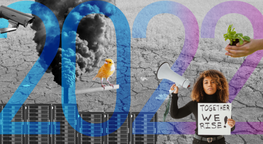 Girl holding a megaphone and a poster reading 'together we rise', in the background the number '2022'.