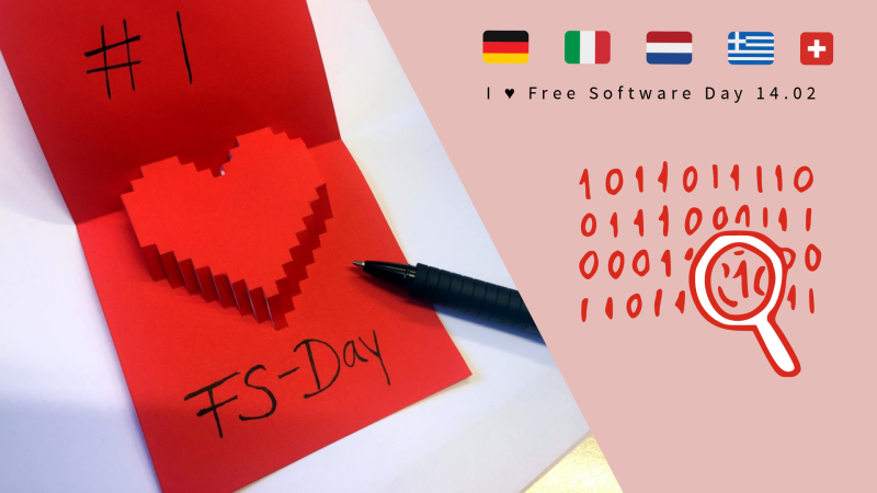 I love Free Software Day card and flag emojis of Germany, Netherlands, Italy, Greece, Switzerland