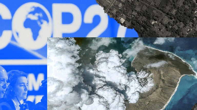 Photo collage of the Tonga volcano eruption speakers at COP27 and a person on the shoreline in Kiribati