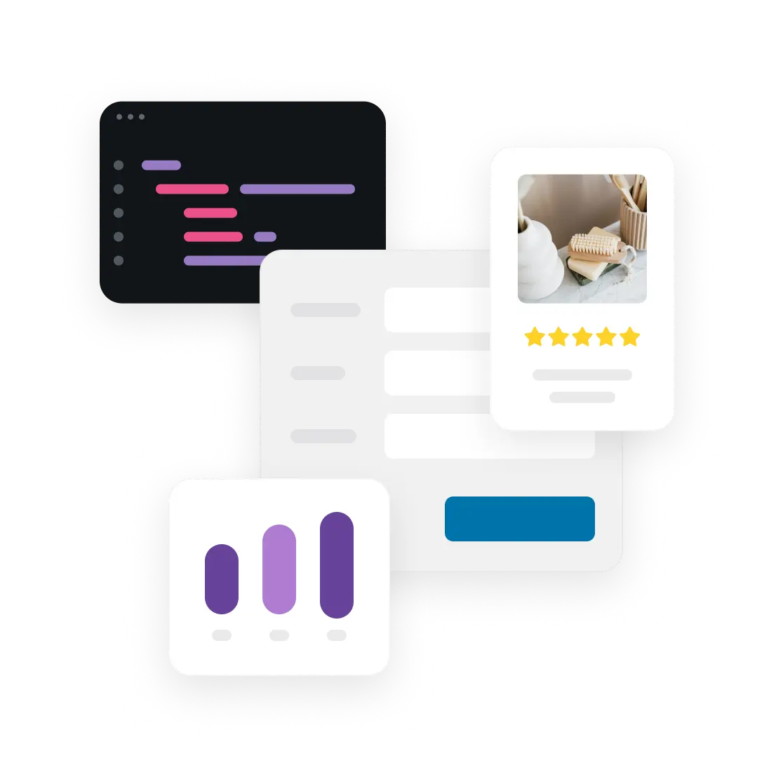 Illustration containing Integrated Development Environment, a form, product card and growing stats graph.