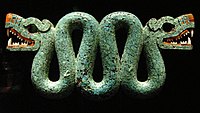 Double-headed serpent, Turquoise, red and white mosaic on wood, Aztec (possibly) Mixtec, c. 1400–1521,