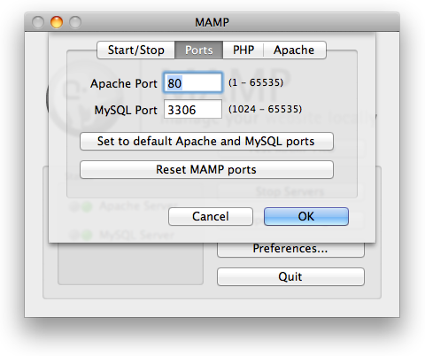 MAMP Change Default Ports Screen