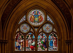 Gesùs intre sos Dutores, bidriera pintada disinnada dae Josef Lang (1900) in sa Gedächtniskirche der Protestation in Speyer, Germània.