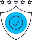 Shield with a blue circle on it containing a circle with a check in it and five stars above the shield