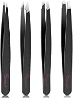 Tweezers Set-4 Pieces Slanted and Pointed Stainless Steel Tweezers (Black)