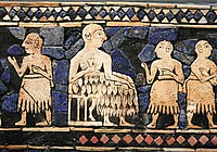 Enthroned Sumerian king of Ur, with attendants. Standard of Ur, c. 2600 BCE.