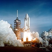 The first Space Shuttle, Columbia, lifts off in 1981