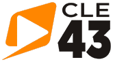 At left, a yellow-orange paralleogram with rounded edges with a cutout triangle shape representing a "play" button symbol. At right, two lines of text, the top row in a light font weight reading "CLE" with the bottom row in a heavy font weight reading "43".