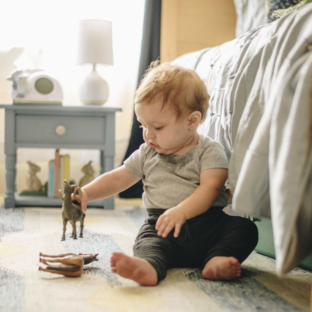 toddler on floor with toy horse and sheep