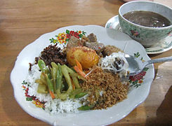 Nasi campur with buffalo soup, served in Tana Toraja, South Sulawesi