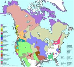 Colour-coded map of North America showing the distribution of North American language families north of Mexico