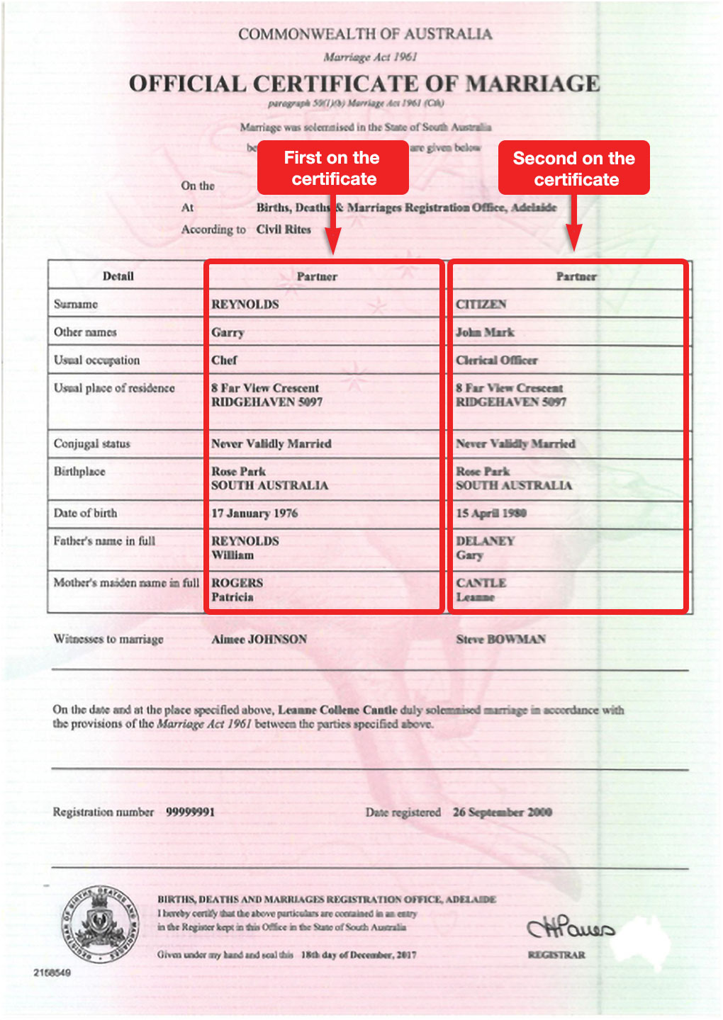 sample marriage certificate