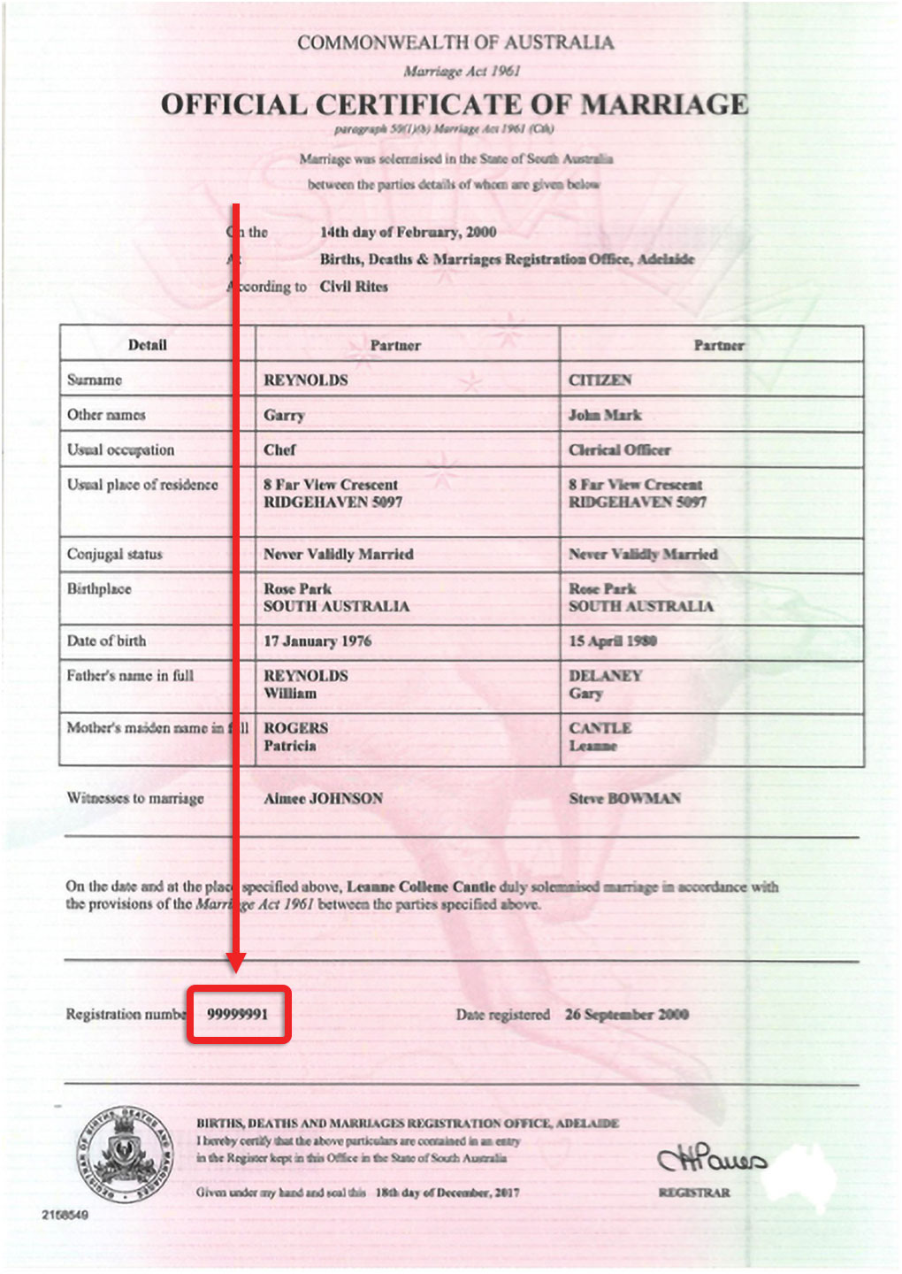 sample marriage certificate