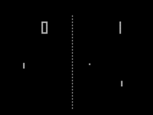 Horizontal rectangle video game screenshot that is a representation of a game of table tennis.