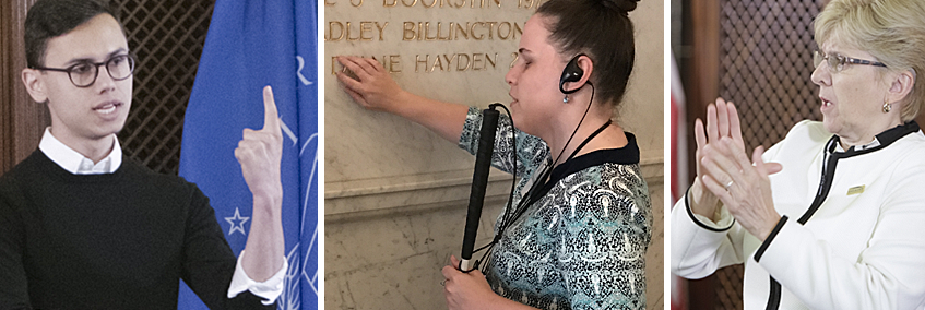 Three side-by-side images. 1. A man signing in front of a flag 2. A woman holding a cane and listening to a headphone while touching a list of carved names 3. A woman signing