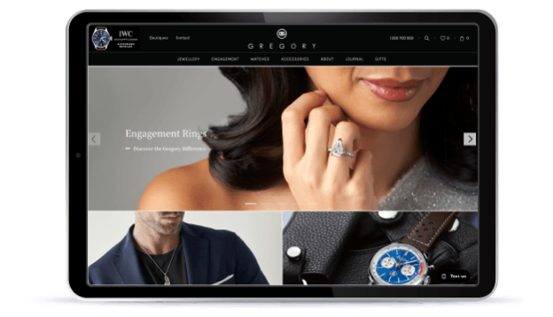 WordPress site mockup with hero images of people modeling fine jewelry