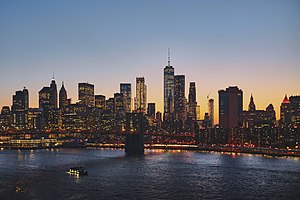 The Financial District of Lower Manhattan including Wall Street, the world's principal financial center[1]