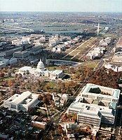 Aerial view of Washington D.C., showing position of the courthouse (lower left) in relation to the Capitol building.