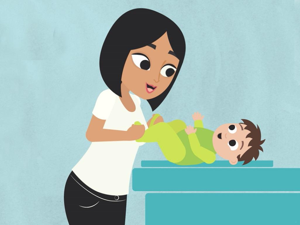 cartoon image of woman changing baby on table