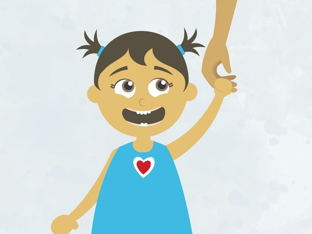 Animated still of child holding adults hand and smiling