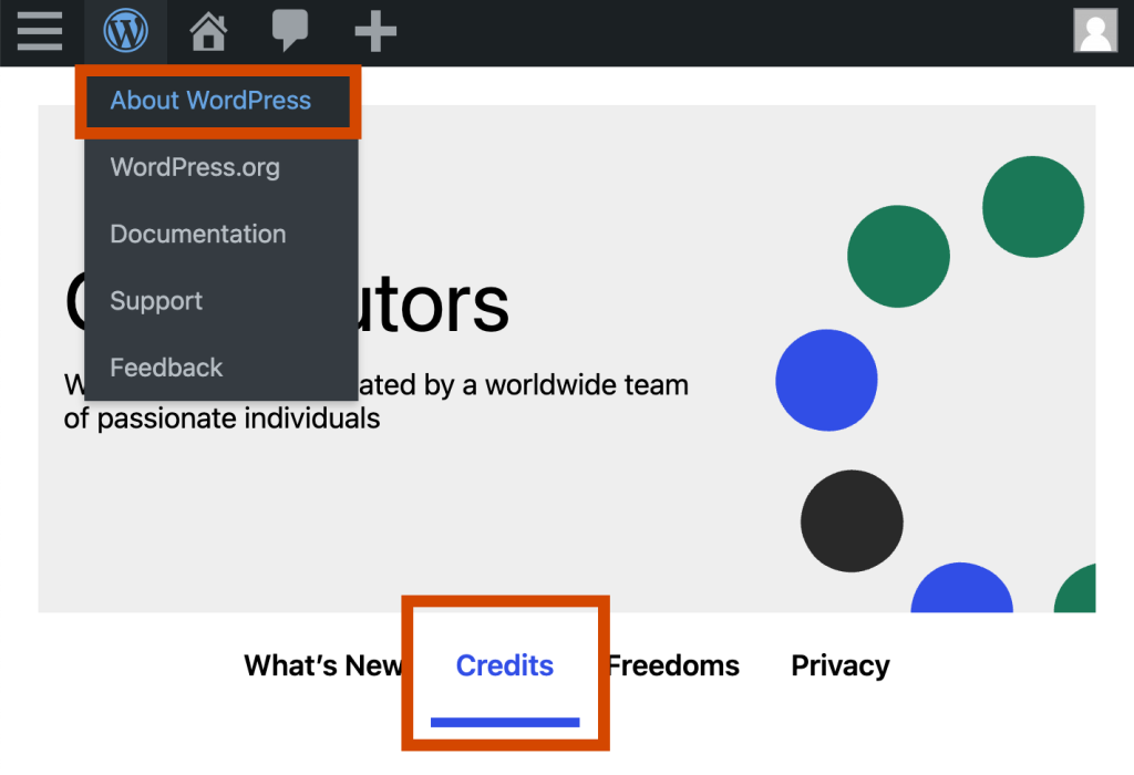 WordPress version credits page