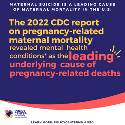  Maternal Suicide is a Leading Cause of Maternal Mortality in the U.S.  The 2022 CDC report on pregnancy-related maternal mortality revealed mental health conditions* as the leading underlying cause of pregnancy-related deaths 
