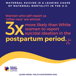  Maternal Suicide is a Leading Cause of Maternal Mortality in the U.S.  Women who self-report as “other race” are almost 3 times more likely than White women to report suicidal ideation in the postpartum period. 