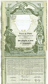 Ein grau-grünes Wertpapier von 1910 mit einem Engel, der auf einem antiken Torbogen sitzt. Am linken Pfeiler stehen zwei halbnackte Männer mit Schaufeln und voller Güterlore. Am linken Pfeiler hält eine Marienfigur das Pariser Wappen und steht auf einem Sockel mit der Zahl 1910. Die untere Papierhälfte hat einen langen Erklärtext.