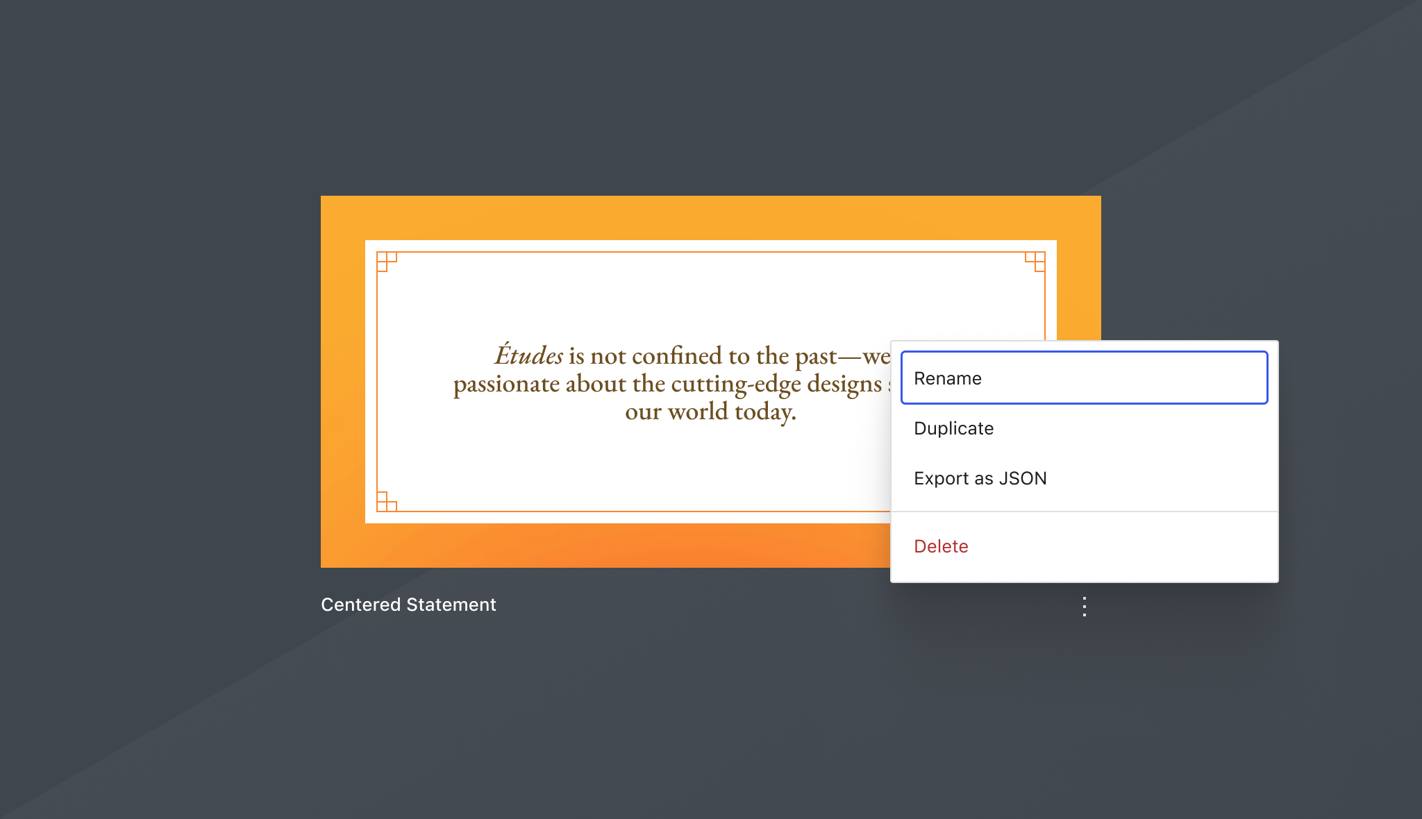 A block pattern showing a demo quotation. Above it is a dropdown menu with Rename, Duplicate, Export as JSON, and Delete options.