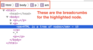 A browser displays the breadcrumbs for a selected element when inspecting the document.