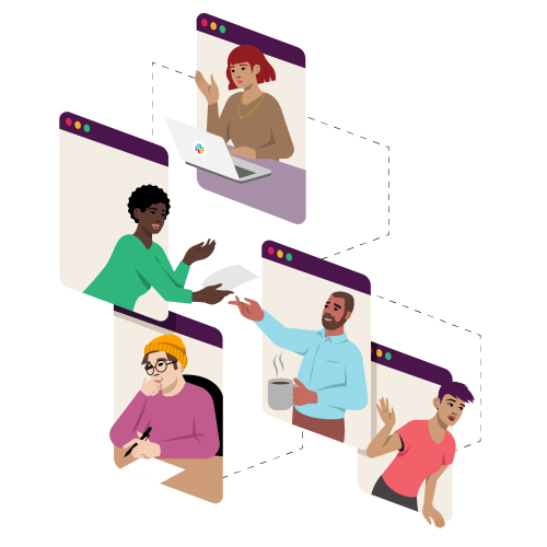 Illustrated teammates connected by dotted lines, like an org chart