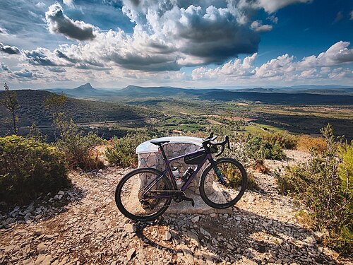 A Bergamont Grandurance gravel bike at the top of the Puech des Mourgues, Southern France