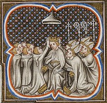 Four bishops and five young men kneeling before a man who sits on a throne