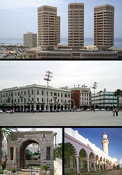 Top:: That El Emad Touers; Middle: Martyrs' Square; Bottom left: Marcus Aurelius Airch; Bottom richt: Souq al-Mushir – Tripoli Medina