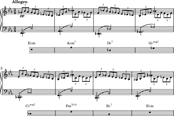  { <<
 \new PianoStaff <<
  \new Staff \with{ \magnifyStaff #2/3 } <<
   \new Voice \relative c' {
   \key ees \major \clef treble \set Score.tempoHideNote = ##t \tempo 4 = 120 \time 3/4
   \mark \markup { \abs-fontsize #10 { \bold { Allegro } } }
   \times 2/3 {ges'8_\markup{\dynamic pp} bes aes} \times 2/3 {ges f ees} \times 2/3 {des ces bes} |
   \times 2/3 {ces ees aes} \stemDown \times 2/3 {ces ees, aes} \times 2/3 {ges ees ges} |
   \stemNeutral \times 2/3 {f ces' bes} \times 2/3 {aes ges f} \times 2/3 {ees des ces} |
   \times 2/3 {bes des ges} \stemDown \times 2/3 {bes des, ges} \times 2/3 {f des f} |
   \stemNeutral \times 2/3 {ees bes' aes} \times 2/3 {ges f ees} \times 2/3 {des ces bes} |
   \times 2/3 {aes ces f} \stemDown \times 2/3 {aes ces, f} \times 2/3 {ees ces ees} |
   \stemNeutral \times 2/3 {d aes' ges} \times 2/3 {f ees d} \times 2/3 {ces bes aes} |
   \times 2/3 {ges bes ees} \stemDown \times 2/3 {ges bes, ees} \times 2/3 {des bes des} |
   }
   \new Voice \relative c' { \stemUp
   s2. | s4 ces'2 | s2. | s4 bes2 |
   s2. | s4 aes2 | s2. | s4 ges2 |
   }
  \new Staff \with{ \magnifyStaff #2/3 } <<
   \new Voice \relative c' {
   \key ees \major \clef bass \time 3/4 \stemUp \slurUp
   ees,,4( ees'2) | aes,4( aes'2) | des,,4( des'2) | ges,4( ges'2)
   ces,,4( ces'2) | f,4( f'2) | bes,,4( bes'2) | ees,4( ees'2)
   } 
   \new Voice \relative c' { \stemDown
   ees,,2. | aes2. | des,2. | ges2.
   ces,2. | f2. | bes,2. | ees2.
   } 
 >> >> >>
 \new Staff = "chords" \with {
      \remove "Time_signature_engraver"
      \magnifyStaff #2/3
    } \relative c' 
 { \hide Staff.KeySignature \key ees \major \clef bass \hide Staff.Clef
 {\stopStaff s4 \startStaff \hide Stem ees,8 s s s s s aes s s s s s des, s s s s s ges s s s \stopStaff s s \startStaff ces, s s s s s f s s s s s bes, s s s s s ees}} 
\addlyrics \with { alignAboveContext = "chords" \override VerticalAxisGroup.nonstaff-relatedstaff-spacing =
      #'((basic-distance . 3)) } { \override LyricText.font-size = #-2 E♭m \markup{\concat{A♭m\super{7}}} \markup{\concat{D♭\super{7}}} \markup{\concat{G♭\super{maj7}}} \markup{\concat{C♭\super{maj7}}} \markup{\concat{Fm\super{7(♭5)}}}  \markup{\concat{B♭\super{7}}} E♭m }
 >>
 }
\layout { line-width = #150 }
