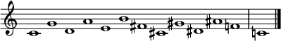   {
\override Score.TimeSignature #'stencil = ##f
\relative c' { \key c \major \set Score.tempoHideNote = ##t \tempo 1 = 60 \time 12/1
  c1 g' d a' e b' fis cis gis' dis ais' f | c! \bar "|."
} }
\layout { \context {\Score \omit BarNumber} line-width = #100 }
