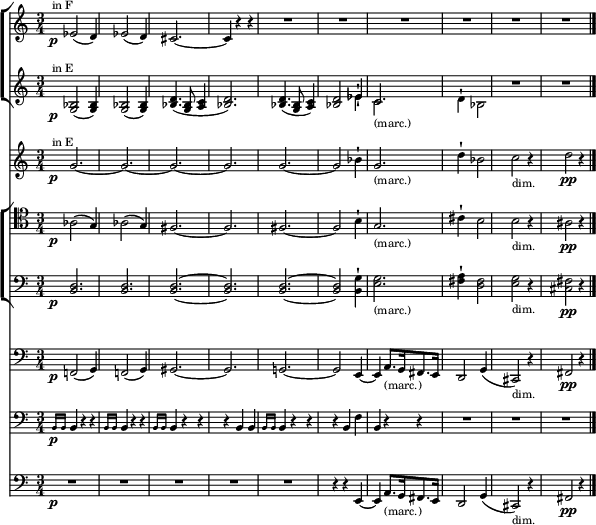  {<<
 \new ChoirStaff <<
  \new Staff \with{ \magnifyStaff #3/4 } \relative c' { 
   \key c \major \clef treble \set Score.tempoHideNote = ##t \tempo 4 = 60 \time 3/4 \set Staff.midiInstrument = #"trumpet" \transposition f'^"in F"
    \p \grace {s16 s} ees2( d4) | ees2( d4) | cis2. ~ cis4 r r | R2. | R | R | R | R | R
   }
  \new Staff \with{ \magnifyStaff #3/4 } <<
   \new Voice \relative c' { \override Hairpin.minimum-length = #3
    \key c \major \clef treble \set Staff.midiInstrument = #"trumpet" \transposition e'^"in E"
     \p \grace {s16 s} \hide \pp <g bes>2( <bes g>4) | <g bes>2( <bes g>4) | <bes d>4.( <g bes>8 <a c>4 | <bes d>2.) |<bes d>4.( <g bes>8 <a c>4 ) | <bes d>2 ees4-! | c2._"(marc.)" | s2. | R | R
    } 
   \new Voice \with{ \magnifyStaff #3/4 } \relative c' { \stemDown
    \hide \p \grace {s16 s} s2. | s | s | s | s | s2 ees4-! | c2. | d4-! bes2 | R2. | R2. \bar "|."
   } >> >>
  \new Staff \with{ \magnifyStaff #3/4 } \relative c' {
   \key c \major \clef treble \set Staff.midiInstrument = #"trombone" \transposition e^"in E"
   \p \grace {s16 s} \hide \pp g'2. ~ g ~ g ~ g | g ~ g2 bes4-! | g2._"(marc.)" | d'4-! bes2 | c2_"dim." r4 | \pp d2 r4 
   }
 \new ChoirStaff <<
  \new Staff \with{ \magnifyStaff #3/4 } \relative c' {
   \key c \major \clef tenor \set Staff.midiInstrument = #"trombone"
    \p \grace {s16 s} aes2( g4) | aes2( g4) | fis2. ~ fis | fis ~ fis2 b4-! | g2._"(marc.)" | cis4-! b2 | b2_"dim." r4 | \pp ais2 r4
   }
  \new Staff \with{ \magnifyStaff #3/4 } \relative c' {
   \key c \major \clef bass \set Staff.midiInstrument = #"trombone"
    \p \grace {s16 s} \hide \pp <b, d>2. | <b d> | <b d> ~ <b d> | <b d> ~ <b d>2 <b g'>4-! | <e g>2._"(marc.)"  | <fis a>4-! <d fis>2 | <e g>_"dim." r4 | \pp <cis fis>2 r4
   } >>
  \new Staff \with{ \magnifyStaff #3/4 } \relative c' {
   \key c \major \clef bass \set Staff.midiInstrument = #"trombone"
    \p \grace {s16 s} \hide \pp f,,!2( g4) | f!2( g4) | gis2. ~ gis | g! ~ g2 e4 ~ e a8._"(marc.)"[ g16 fis8. e16] | d2 g4( | cis,2_"dim.") r4 | \pp fis2 r4
   }
  \new Staff \with{ \magnifyStaff #3/4 } \relative c' {
   \key c \major \clef bass \set Staff.midiInstrument = #"timpani"
    \p \grace {b,16 b} b4 r r | \grace {b16 b} b4 r r | \grace {b16 b} b4 r r | r b b | \grace {b16 b} b4 r r | r b f' | b, r r | R2. | R | R
   }
  \new Staff \with{ \magnifyStaff #3/4 } \relative c' {
   \key c \major \clef bass \set Staff.midiInstrument = #"tuba"
    \p \grace {s16 s} R2. | R | R | R | R | r4 r e,, ~ e a8._"(marc.)"[ g16 fis8. e16] | d2 g4( cis,2_"dim." ) r4 | \pp fis2 r4
   }
 >>  }
\layout { line-width = #150 }
