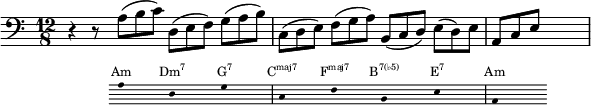  
{ \new Staff \relative c' { 
   \set Staff.midiInstrument = #"cello" \key c \major \clef bass \time 12/8
   r r8 << {a( b c) | d,( e f) g( a b) | c,( d e) f( g a) | b,( c d) e( d) e | a, c e}
   \new Staff = "chords" \with {
      \remove "Time_signature_engraver"
      \magnifyStaff #2/3
      firstClef = ##f
    } \relative c' 
 { \set Staff.midiInstrument = #"cello" \key c \major \clef bass
 {\hide Stem a8 s s d, s s g s s c, s s f s s b, s s e s s a, s s}}
\addlyrics \with { alignAboveContext = "chords" } { \override LyricText.font-size = #-1.5 Am \markup{\concat{Dm\super{7}}} \markup{\concat{G\super{7}}} \markup{\concat{C\super{maj7}}} \markup{\concat{F\super{maj7}}} \markup{\concat{B\super{7(♭5)}}} \markup{\concat{E\super{7}}} Am
   } >>
 s1 s8
} }
