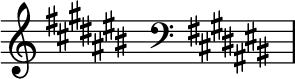 { \new Staff \with{ \magnifyStaff #3/2 } << \time 2/16 \override Score.TimeSignature #'stencil = ##f { \clef treble \key cis \major s16 \clef bass \key cis \major s16 } >> }