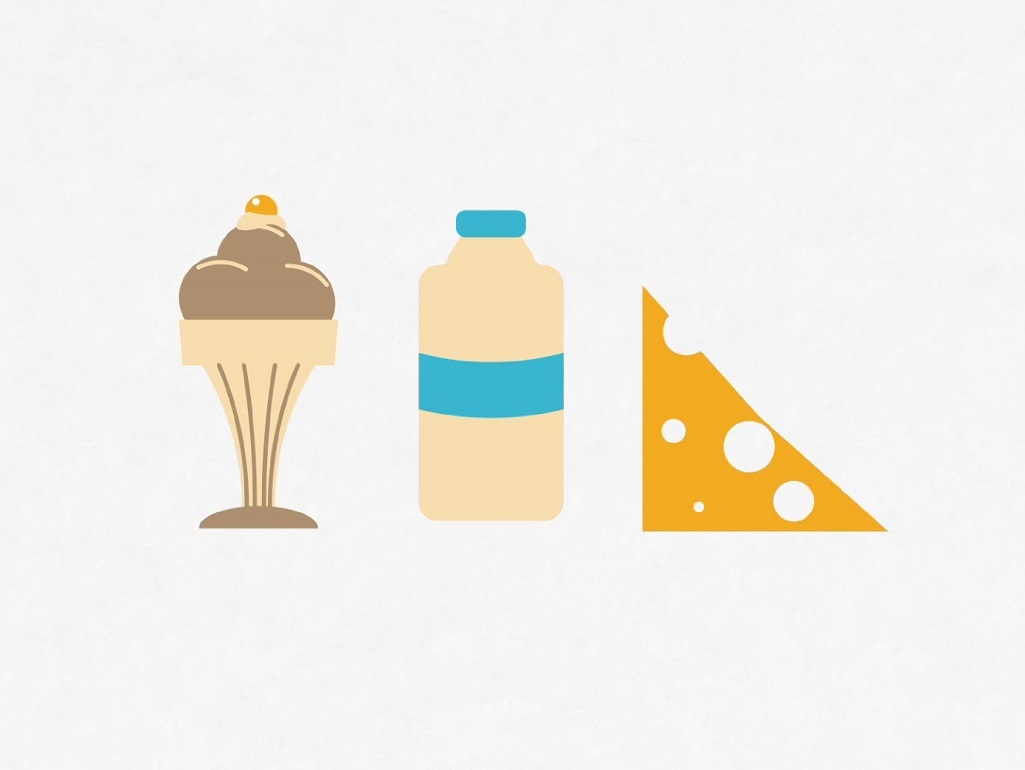 cartoon image of ice cream, milk bottle, and cheese