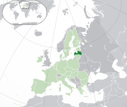 Location of Latvia (dark green) – in Europe (green & dark grey) – in the European Union (green)  –  [Legend]