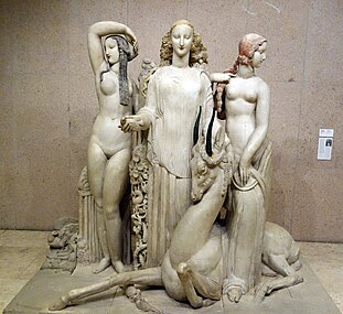 Hommage à Jean Goujon; by Alfred Janniot; 1919–1924; limestone partially coloured; 220 x 235 x 129 cm; Calouste Gulbenkian Museum, Lisboa, Portugal[108]
