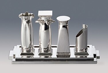 Tea and coffee piazza set; by Charles Jencks; 1983; silver; unknown dimensions; unknown location[126]